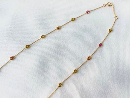 Rainbow Sapphire Pear Bezel Set 18K Solid Gold Necklace
