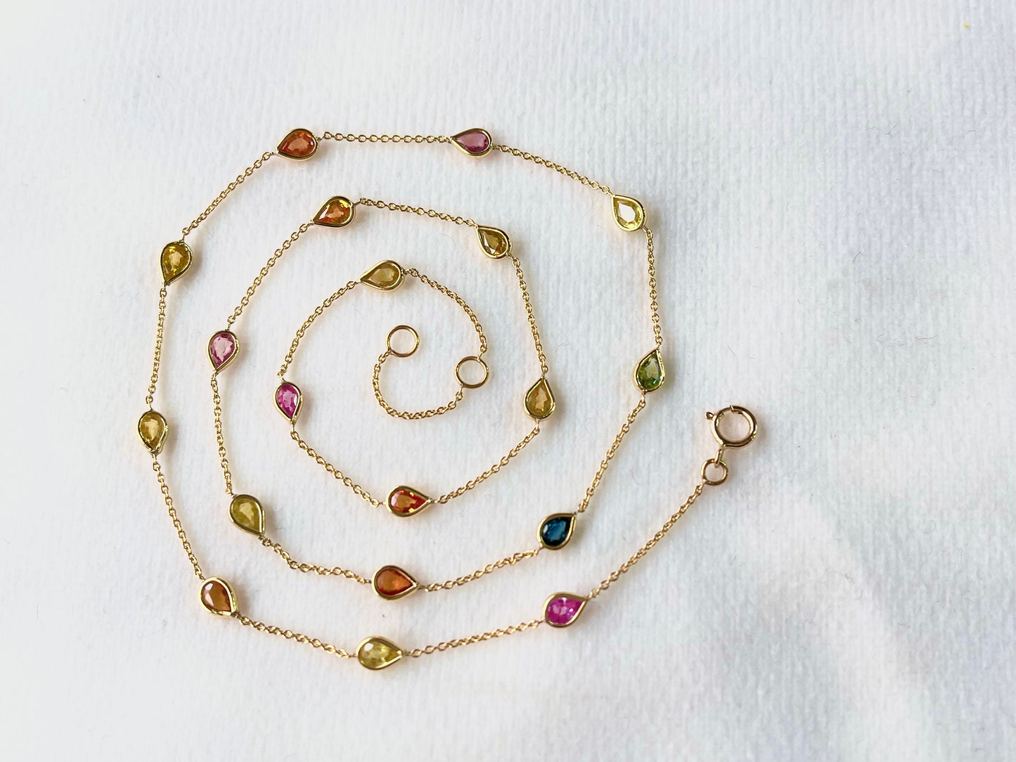Rainbow Sapphire Pear Bezel Set 18K Solid Gold Necklace