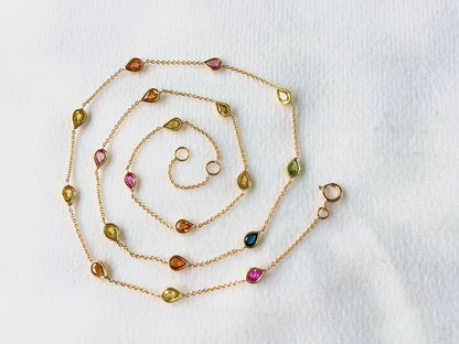 Rainbow Sapphire Pear Bezel Set 18K Solid Gold Necklace