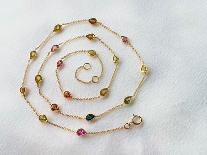 Rainbow Sapphire Pear Bezel Set 18K Solid Gold Necklace