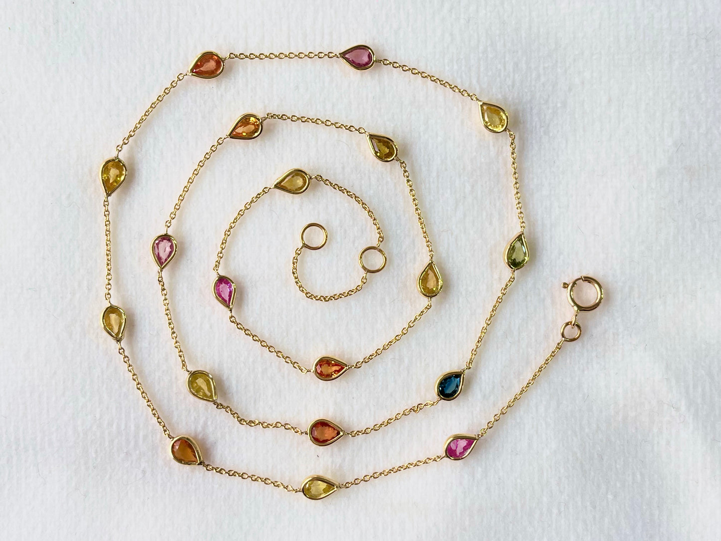 Rainbow Sapphire Pear Bezel Set 18K Solid Gold Necklace