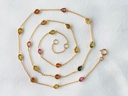 Rainbow Sapphire Pear Bezel Set 18K Solid Gold Necklace