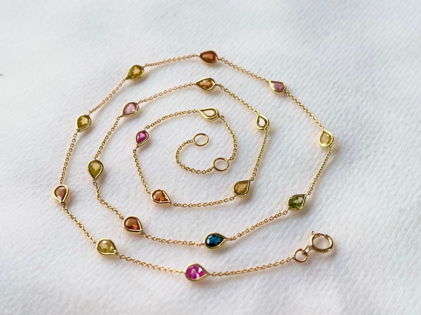 Rainbow Sapphire Pear Bezel Set 18K Solid Gold Necklace