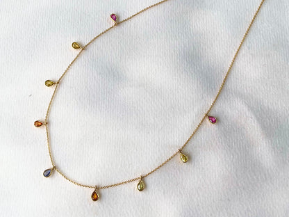 Rainbow Sapphire Pear Bezel Set 18K Solid Gold Necklace