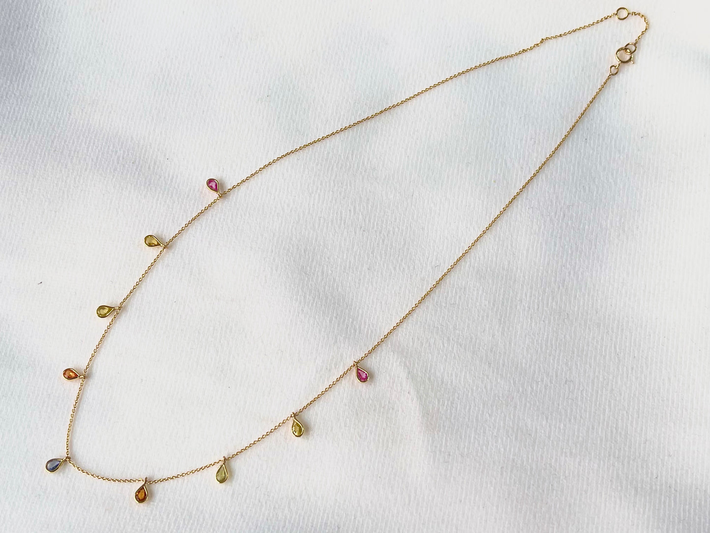 Rainbow Sapphire Pear Bezel Set 18K Solid Gold Necklace
