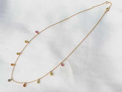 Rainbow Sapphire Pear Bezel Set 18K Solid Gold Necklace