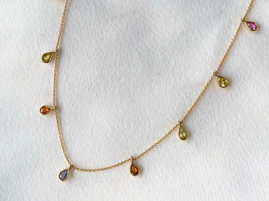 Rainbow Sapphire Pear Bezel Set 18K Solid Gold Necklace