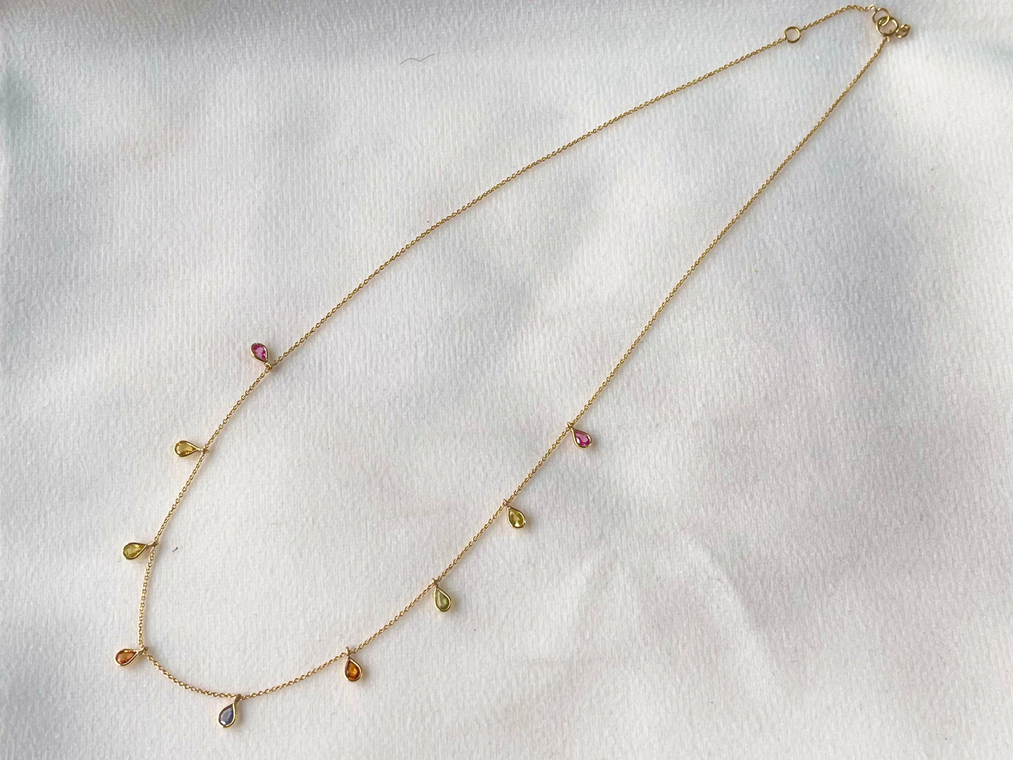 Rainbow Sapphire Pear Bezel Set 18K Solid Gold Necklace