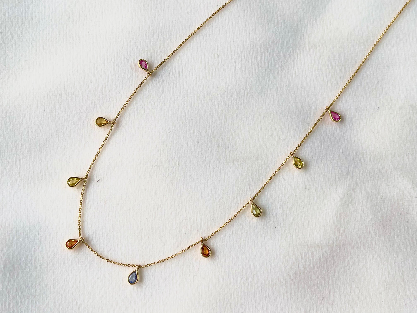 Rainbow Sapphire Pear Bezel Set 18K Solid Gold Necklace