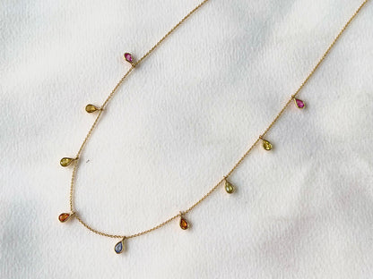Rainbow Sapphire Pear Bezel Set 18K Solid Gold Necklace