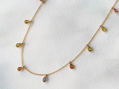 Rainbow Sapphire Pear Bezel Set 18K Solid Gold Necklace