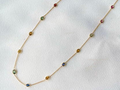 Rainbow Sapphire Oval Bezel Set 18K Solid Gold Necklace