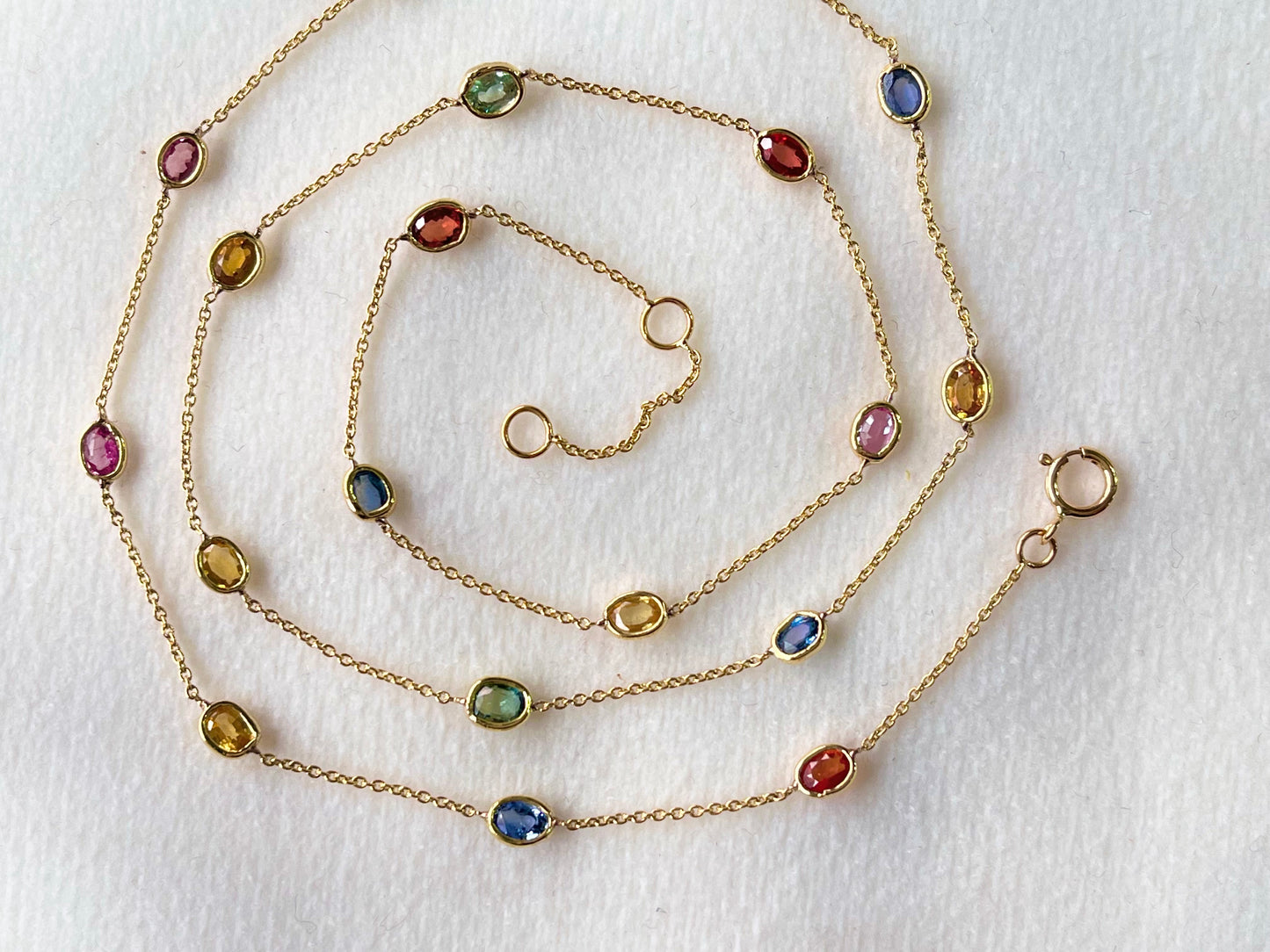 Rainbow Sapphire Oval Bezel Set 18K Solid Gold Necklace
