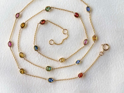 Rainbow Sapphire Oval Bezel Set 18K Solid Gold Necklace