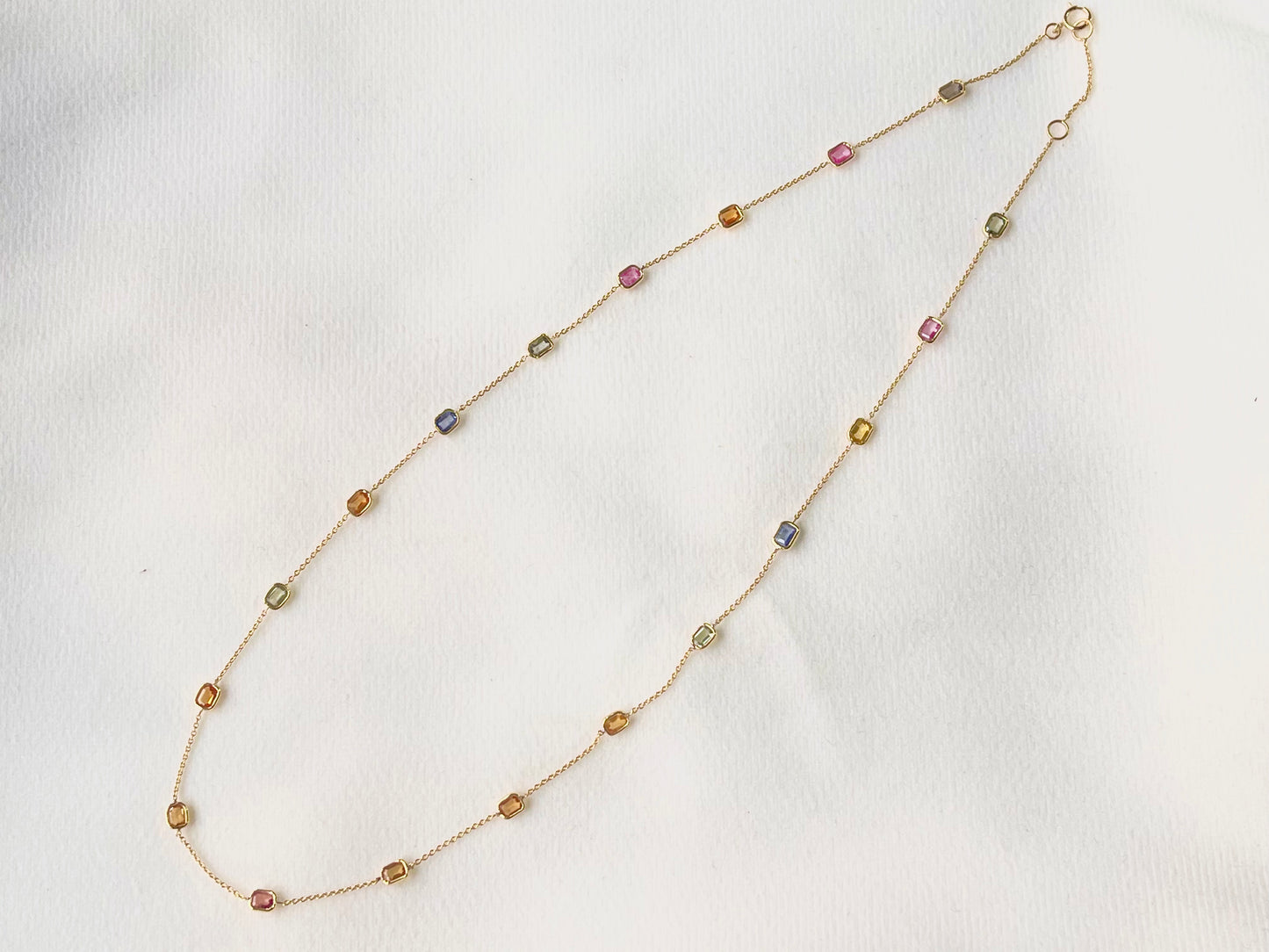 Rainbow Sapphire Octagon Bezel Set 18K Solid Gold Necklace