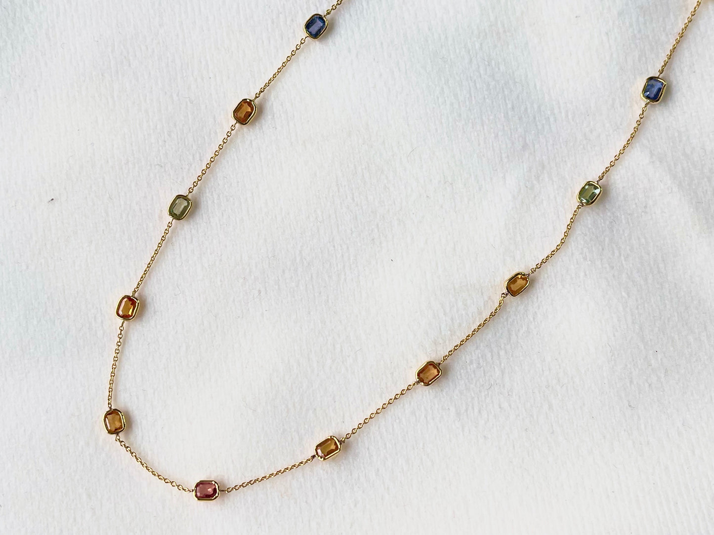 Rainbow Sapphire Octagon Bezel Set 18K Solid Gold Necklace