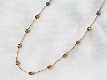 Rainbow Sapphire Octagon Bezel Set 18K Solid Gold Necklace