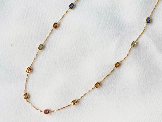 Rainbow Sapphire Octagon Bezel Set 18K Solid Gold Necklace
