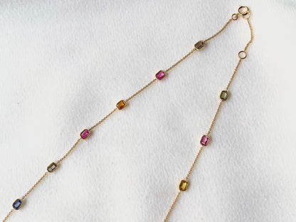 Rainbow Sapphire Octagon Bezel Set 18K Solid Gold Necklace