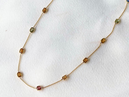 Rainbow Sapphire Octagon Bezel Set 18K Solid Gold Necklace