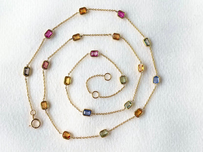 Rainbow Sapphire Octagon Bezel Set 18K Solid Gold Necklace