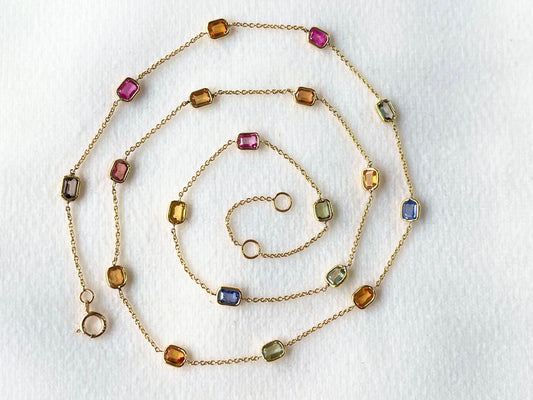 Rainbow Sapphire Octagon Bezel Set 18K Solid Gold Necklace
