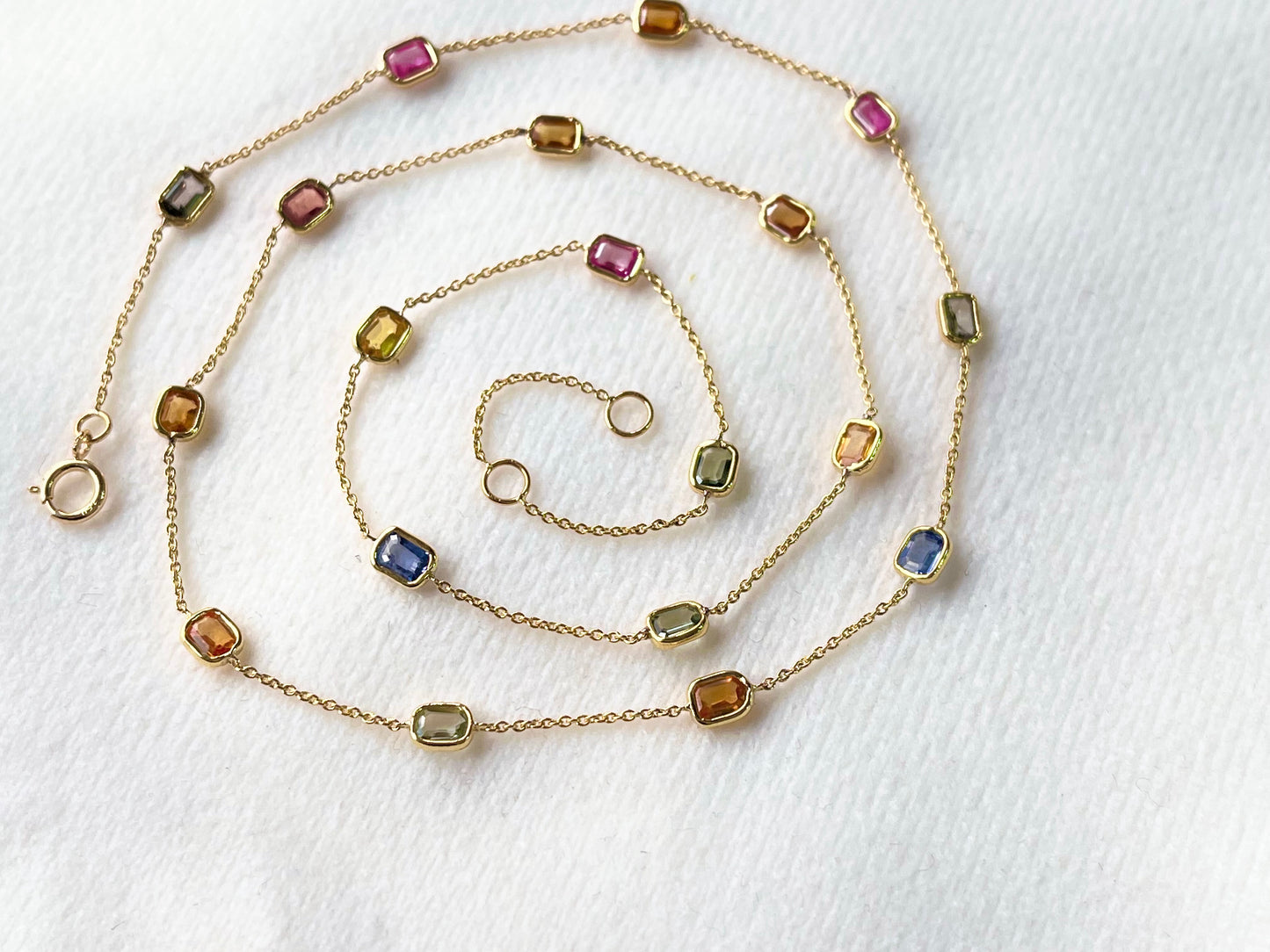Rainbow Sapphire Octagon Bezel Set 18K Solid Gold Necklace