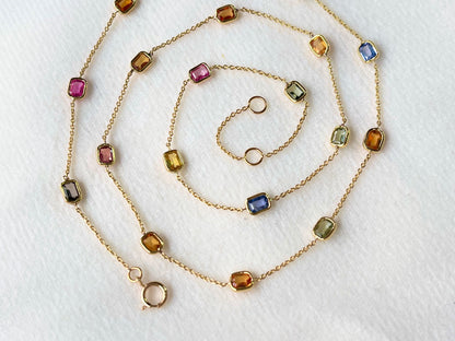 Rainbow Sapphire Octagon Bezel Set 18K Solid Gold Necklace