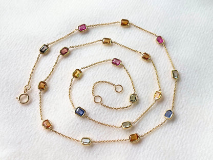 Rainbow Sapphire Octagon Bezel Set 18K Solid Gold Necklace