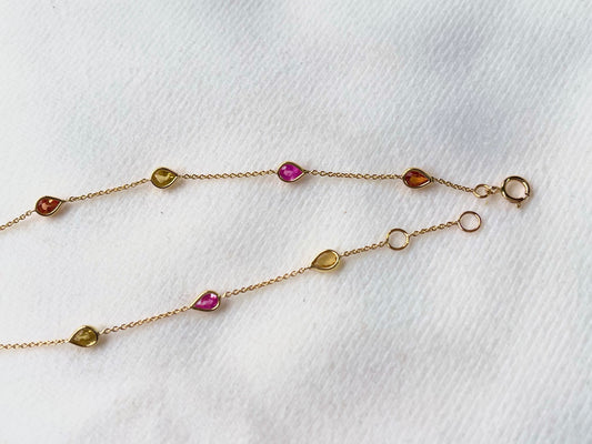 Rainbow Sapphire Pear Bezel Set 18K Solid Gold Bracelet