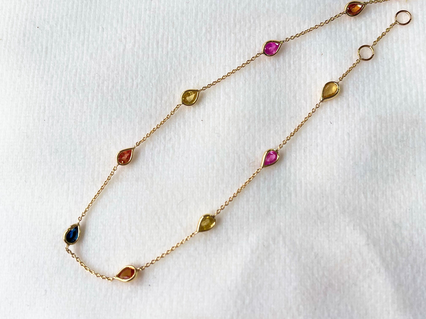 Rainbow Sapphire Pear Bezel Set 18K Solid Gold Bracelet