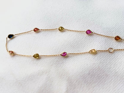 Rainbow Sapphire Pear Bezel Set 18K Solid Gold Bracelet