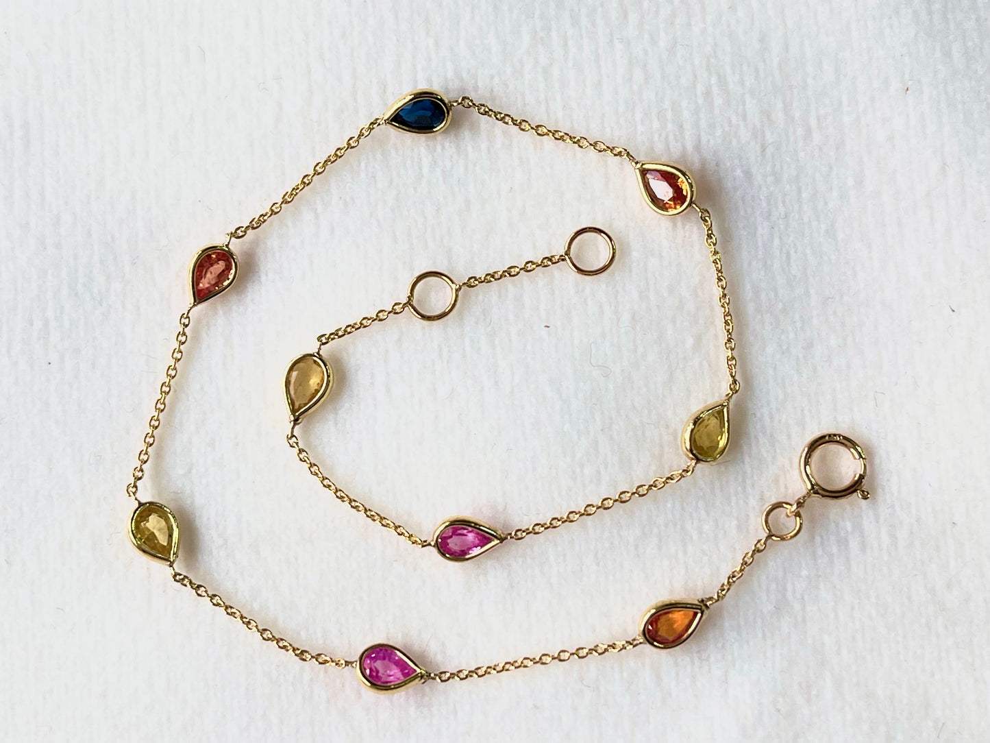 Rainbow Sapphire Pear Bezel Set 18K Solid Gold Bracelet