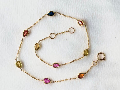 Rainbow Sapphire Pear Bezel Set 18K Solid Gold Bracelet