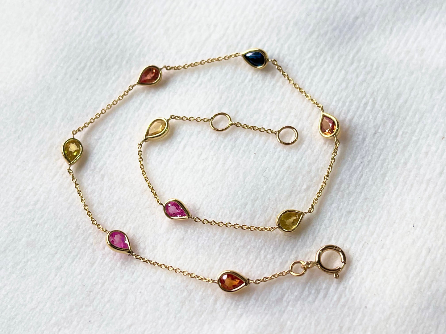 Rainbow Sapphire Pear Bezel Set 18K Solid Gold Bracelet