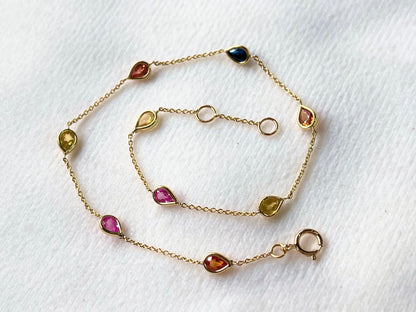 Rainbow Sapphire Pear Bezel Set 18K Solid Gold Bracelet