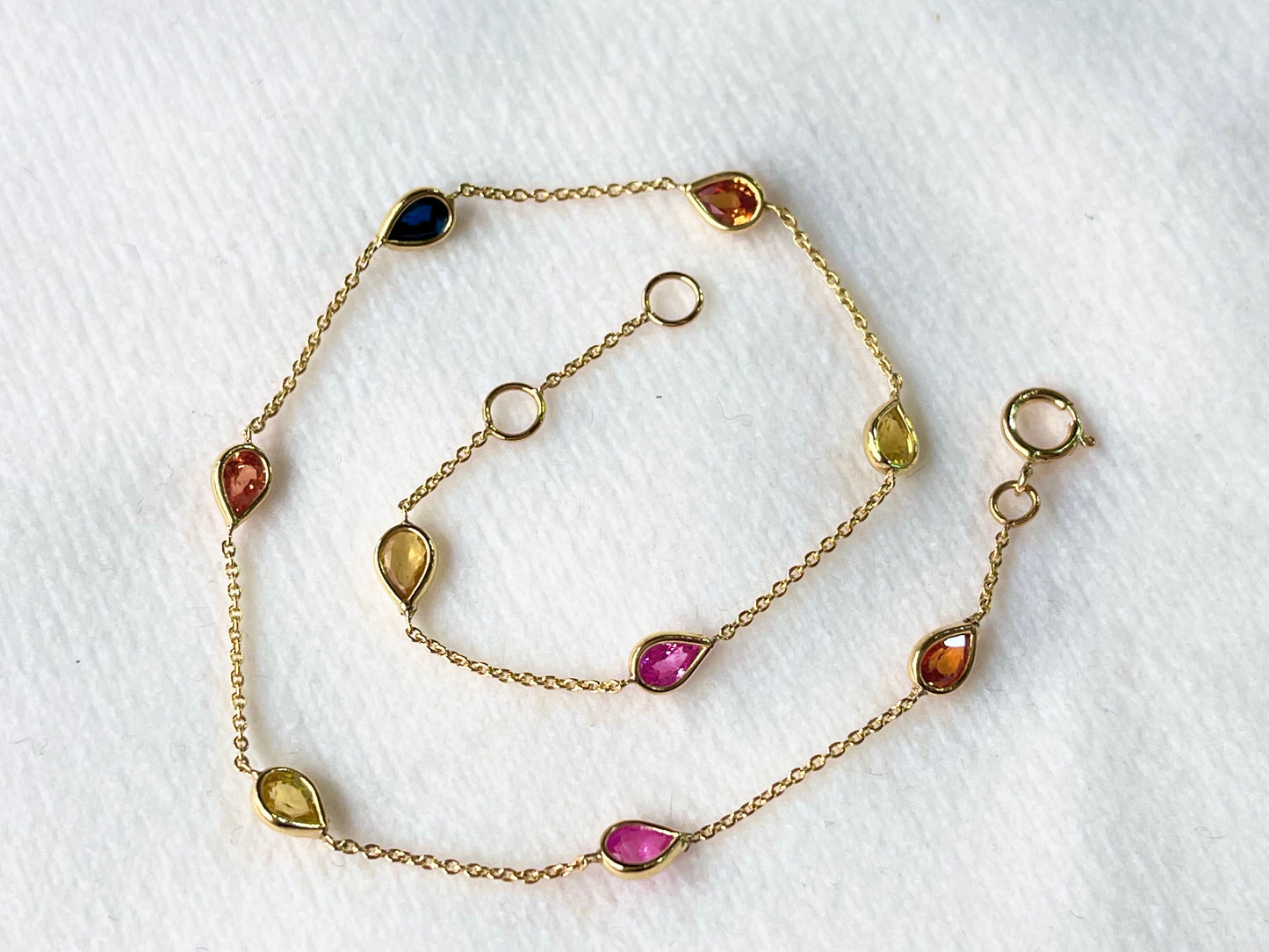 Rainbow Sapphire Pear Bezel Set 18K Solid Gold Bracelet
