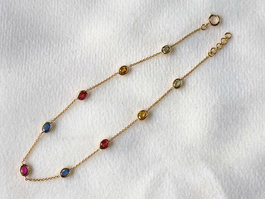 Rainbow Sapphire Bezel Set Chain Bracelet 18K Solid Yellow Gold, Lightweight Multicolor Gemstone Bracelet