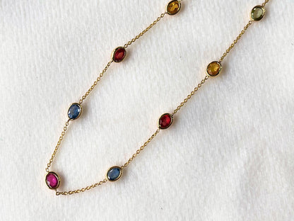 Rainbow Sapphire Oval Bezel Set 18K Solid Gold Bracelet