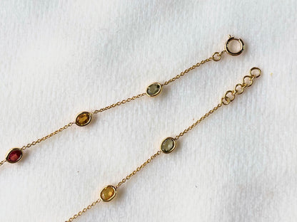 Rainbow Sapphire Oval Bezel Set 18K Solid Gold Bracelet