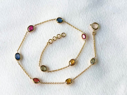 Rainbow Sapphire Oval Bezel Set 18K Solid Gold Bracelet