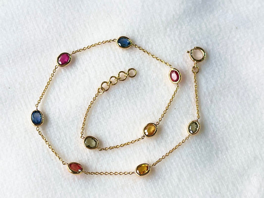 Rainbow Sapphire Bezel Set Chain Bracelet 18K Solid Yellow Gold, Lightweight Multicolor Gemstone Bracelet