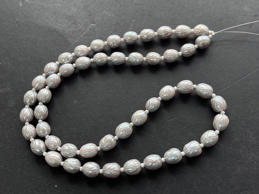 Grey Natural Freshwater Pearl Oval shape Hand-Carved Strand