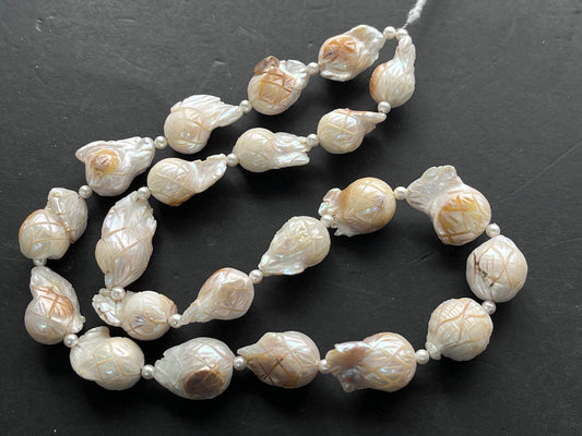 Baroque Natural Freshwater Pearl Spherical shape Hand-Carved Strand