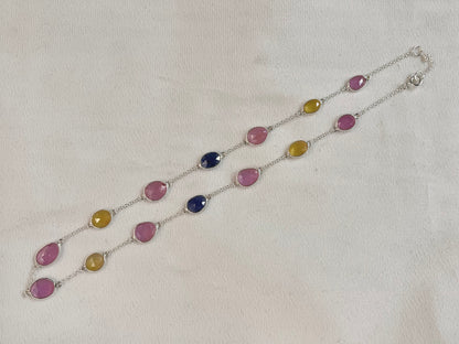 Multi Sapphire Rose cut Bezel Set Chain Necklace 925 Silver