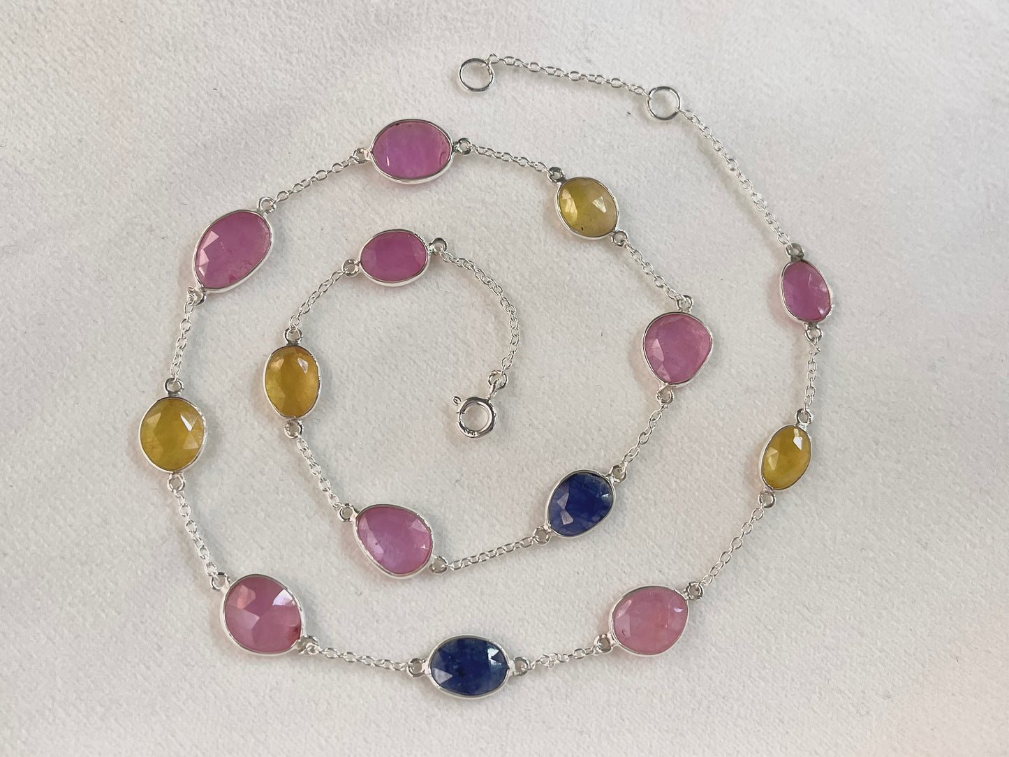 Multi Sapphire Rose cut Bezel Set Chain Necklace 925 Silver