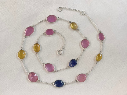 Multi Sapphire Rose cut Bezel Set Chain Necklace 925 Silver