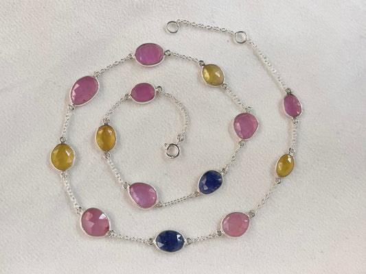 Multi Sapphire Rose cut Bezel Set Chain Necklace 925 Silver