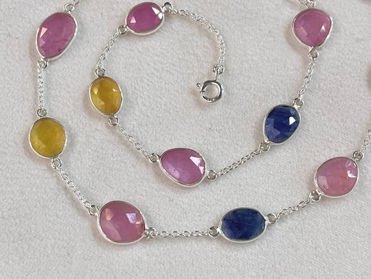Multi Sapphire Rose cut Bezel Set Chain Necklace 925 Silver