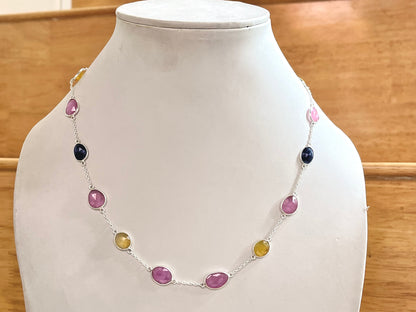 Multi Sapphire Rose cut Bezel Set Chain Necklace 925 Silver